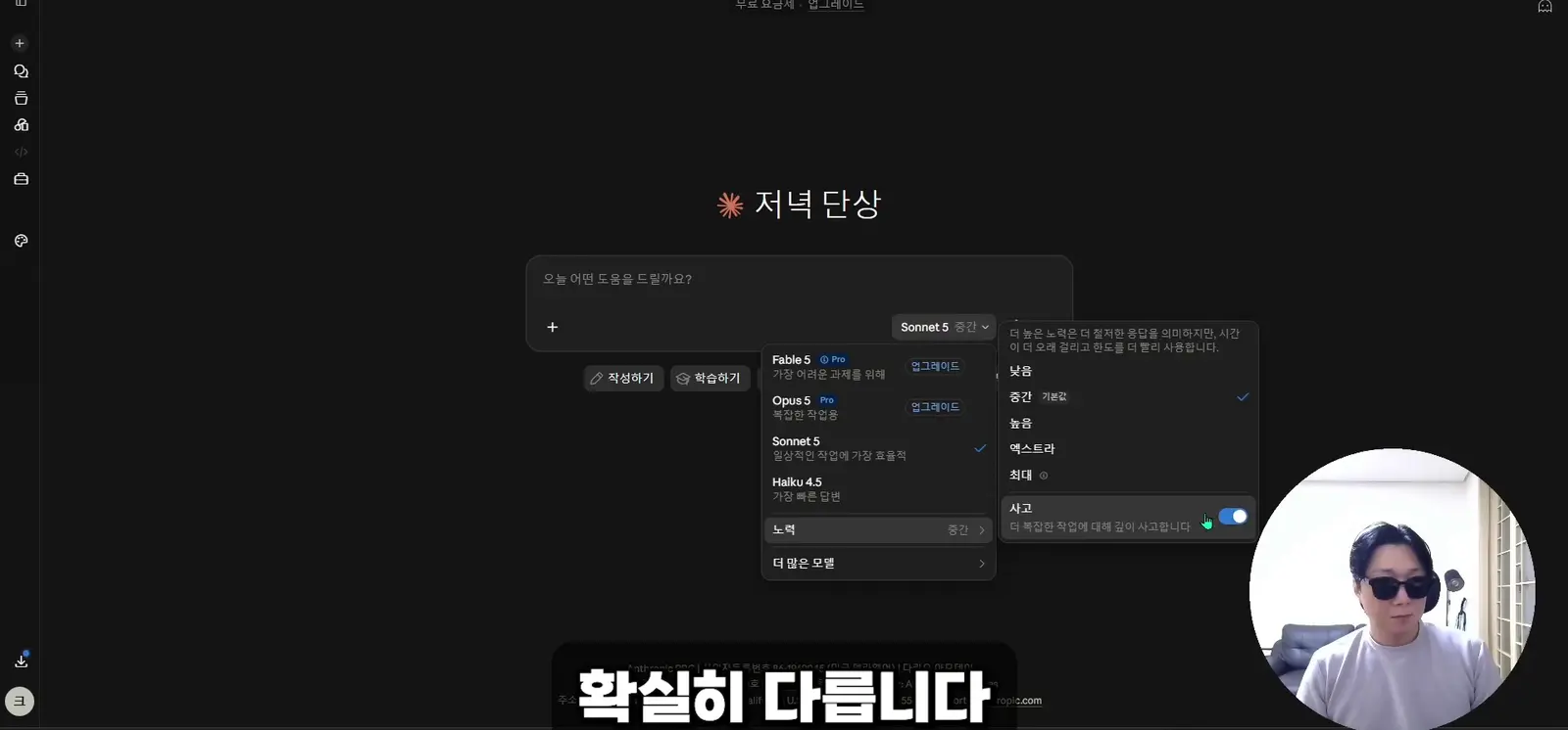 클로드 모델 선택 화면 — 소네트, 하이쿠, 노력 수준, 사고 옵션